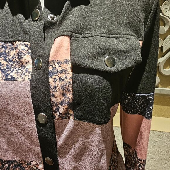 Color block Button-Up Long Sleeve Shirt M Patchwork Disco Boho 90's 70's Trucker - Picture 3 of 12